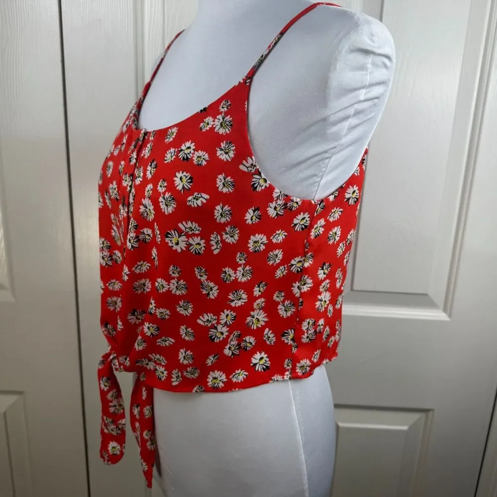 Papermoon Women Top Sz S Red Flower Print Buttons Round Neck Straps Front Tie - Picture 4 of 9